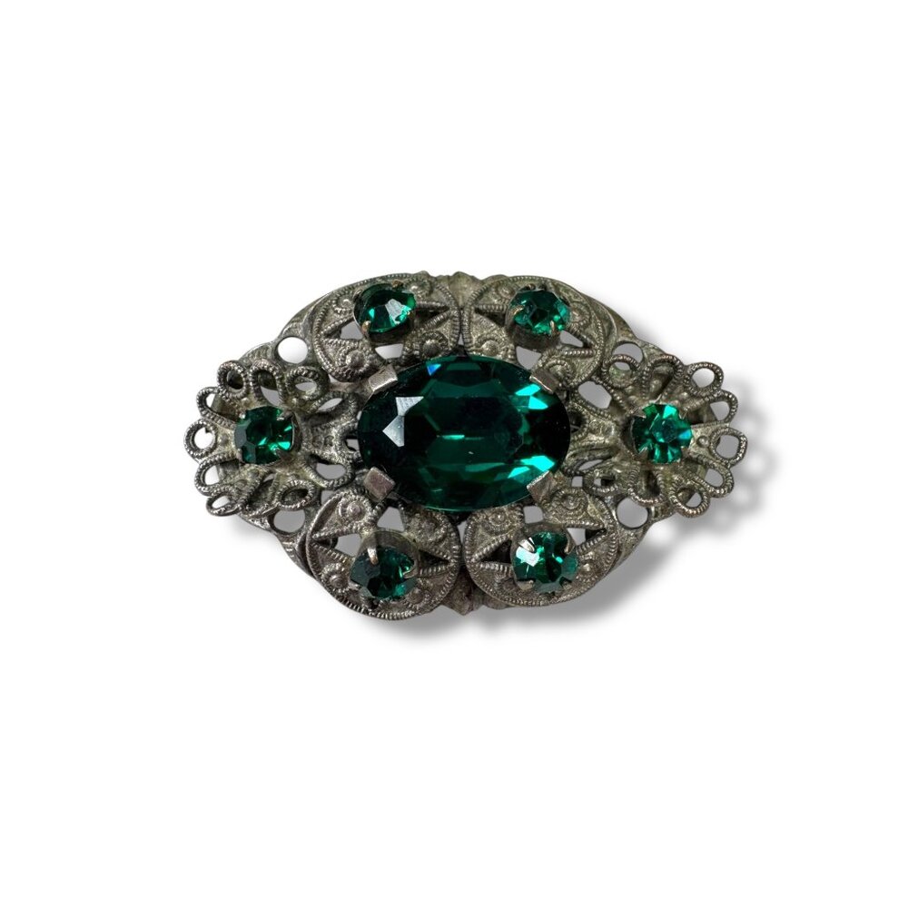 Vintage Silver Tone Brooch With Green Prong Set Crystal Stones & Roll Over Clasp